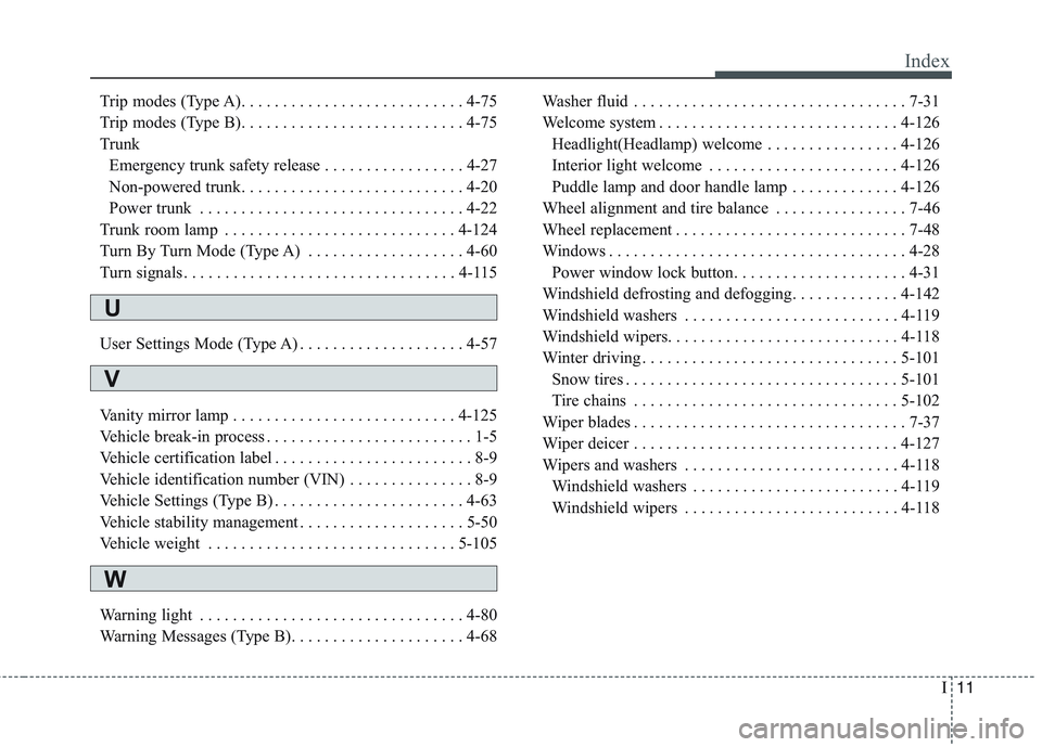 KIA QUORIS 2014  Owners Manual I11
Index
Trip modes (Type A). . . . . . . . . . . . . . . . . . . . . . . . . . . 4-75 
Trip modes (Type B). . . . . . . . . . . . . . . . . . . . . . . . . . . 4-75
Trunk
Emergency trunk safety rele