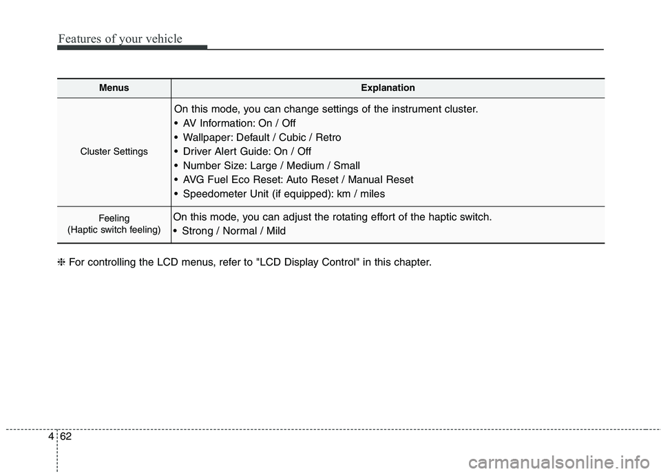 KIA QUORIS 2013 Owners Manual Features of your vehicle
62
4
MenusExplanation
Cluster Settings
On this mode, you can change settings of the instrument cluster.
AV Information: On / Off
Wallpaper: Default / Cubic / Retro
Driver KIA QUORIS 2013 Owners Manual Features of your vehicle
62
4
MenusExplanation
Cluster Settings
On this mode, you can change settings of the instrument cluster.
AV Information: On / Off
Wallpaper: Default / Cubic / Retro
Driver