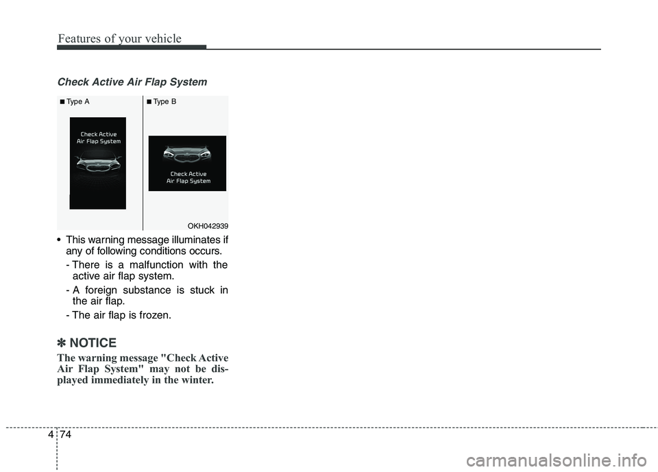 KIA QUORIS 2013 Owners Manual Features of your vehicle
74
4
Check Active Air Flap System
This warning message illuminates if
any of following conditions occurs.
- There is a malfunction with theactive air flap system.
- A foreig KIA QUORIS 2013 Owners Manual Features of your vehicle
74
4
Check Active Air Flap System
This warning message illuminates if
any of following conditions occurs.
- There is a malfunction with theactive air flap system.
- A foreig