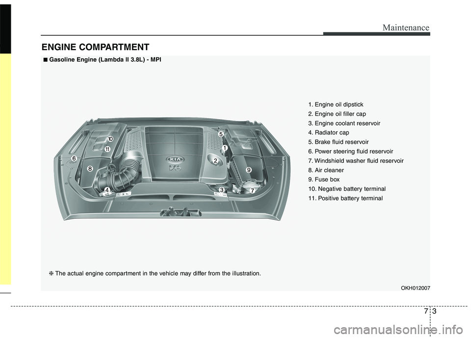 KIA QUORIS 2013 Owners Manual 73
Maintenance
ENGINE COMPARTMENT
1. Engine oil dipstick
2. Engine oil filler cap
3. Engine coolant reservoir
4. Radiator cap
5. Brake fluid reservoir
6. Power steering fluid reservoir
7. Windshield KIA QUORIS 2013 Owners Manual 73
Maintenance
ENGINE COMPARTMENT
1. Engine oil dipstick
2. Engine oil filler cap
3. Engine coolant reservoir
4. Radiator cap
5. Brake fluid reservoir
6. Power steering fluid reservoir
7. Windshield