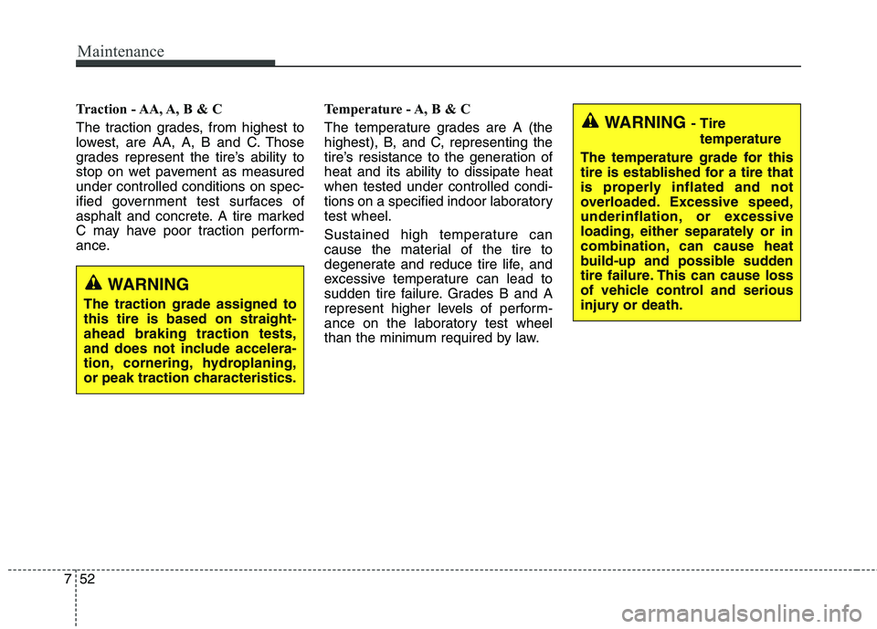 KIA QUORIS 2013 Owners Manual Maintenance
52
7
Traction - AA, A, B & C
The traction grades, from highest to
lowest, are AA, A, B and C. Those
grades represent the tire’s ability to
stop on wet pavement as measuredunder contro KIA QUORIS 2013 Owners Manual Maintenance
52
7
Traction - AA, A, B & C
The traction grades, from highest to
lowest, are AA, A, B and C. Those
grades represent the tire’s ability to
stop on wet pavement as measuredunder contro