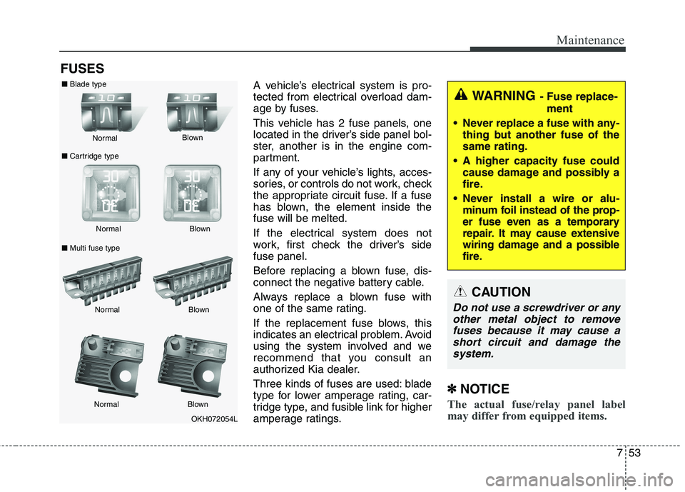 KIA QUORIS 2013  Owners Manual 753
Maintenance
FUSESA vehicle’s electrical system is pro- 
tected from electrical overload dam-
age by fuses. 
This vehicle has 2 fuse panels, one 
located in the driver’s side panel bol-
ster, a
