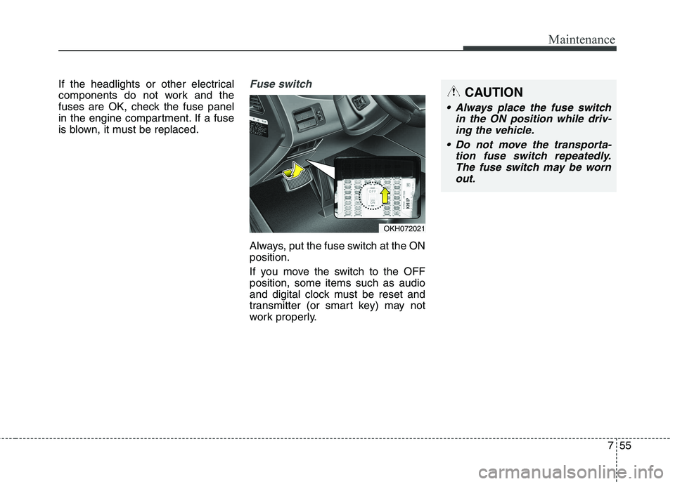KIA QUORIS 2013  Owners Manual 755
Maintenance
If the headlights or other electrical 
components do not work and the
fuses are OK, check the fuse panel
in the engine compartment. If a fuse
is blown, it must be replaced.Fuse switch
