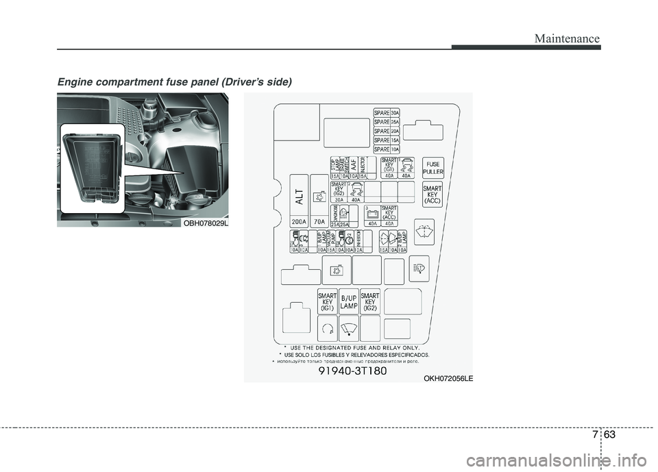 KIA QUORIS 2013  Owners Manual 763
Maintenance
Engine compartment fuse panel (Driver’s side)
OBH078029L
OKH072056LE   