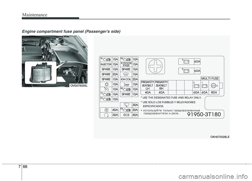 KIA QUORIS 2013  Owners Manual Maintenance
66
7
Engine compartment fuse panel (Passenger’s side)
OVG079025L
OKH072028LE   