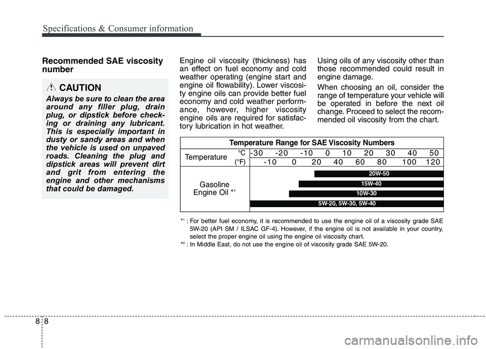 KIA QUORIS 2013 Owners Manual Specifications & Consumer information
8
8
Recommended SAE viscosity
number Engine oil viscosity (thickness) has
an effect on fuel economy and cold
weather operating (engine start and
engine oil f KIA QUORIS 2013 Owners Manual Specifications & Consumer information
8
8
Recommended SAE viscosity
number Engine oil viscosity (thickness) has
an effect on fuel economy and cold
weather operating (engine start and
engine oil f