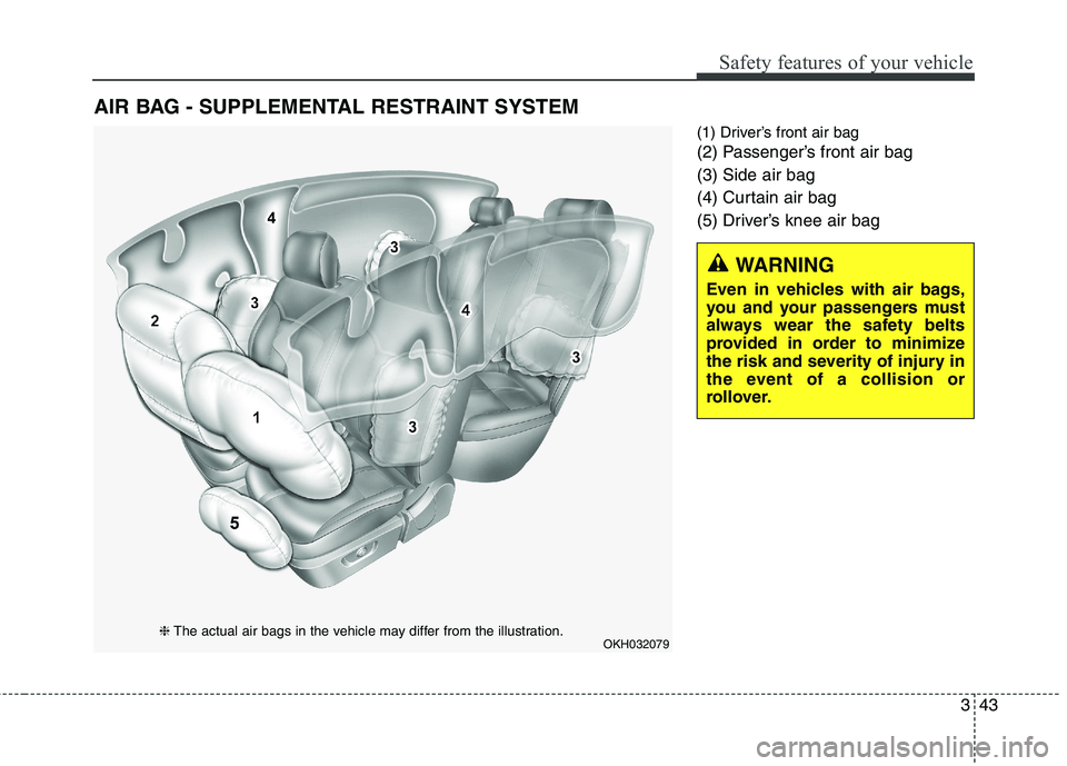 KIA QUORIS 2013 Workshop Manual 343
Safety features of your vehicle
(1) Driver’s front air bag
(2) Passenger’s front air bag (3) Side air bag
(4) Curtain air bag
(5) Driver’s knee air bag
AIR BAG - SUPPLEMENTAL RESTRAINT SYST KIA QUORIS 2013 Workshop Manual 343
Safety features of your vehicle
(1) Driver’s front air bag
(2) Passenger’s front air bag (3) Side air bag
(4) Curtain air bag
(5) Driver’s knee air bag
AIR BAG - SUPPLEMENTAL RESTRAINT SYST