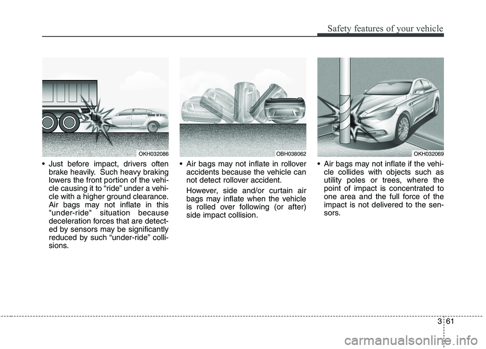 KIA QUORIS 2013 User Guide 361
Safety features of your vehicle
 Just before impact, drivers oftenbrake heavily. Such heavy braking 
lowers the front portion of the vehi-
cle causing it to “ride” under a vehi-
cle with a hig