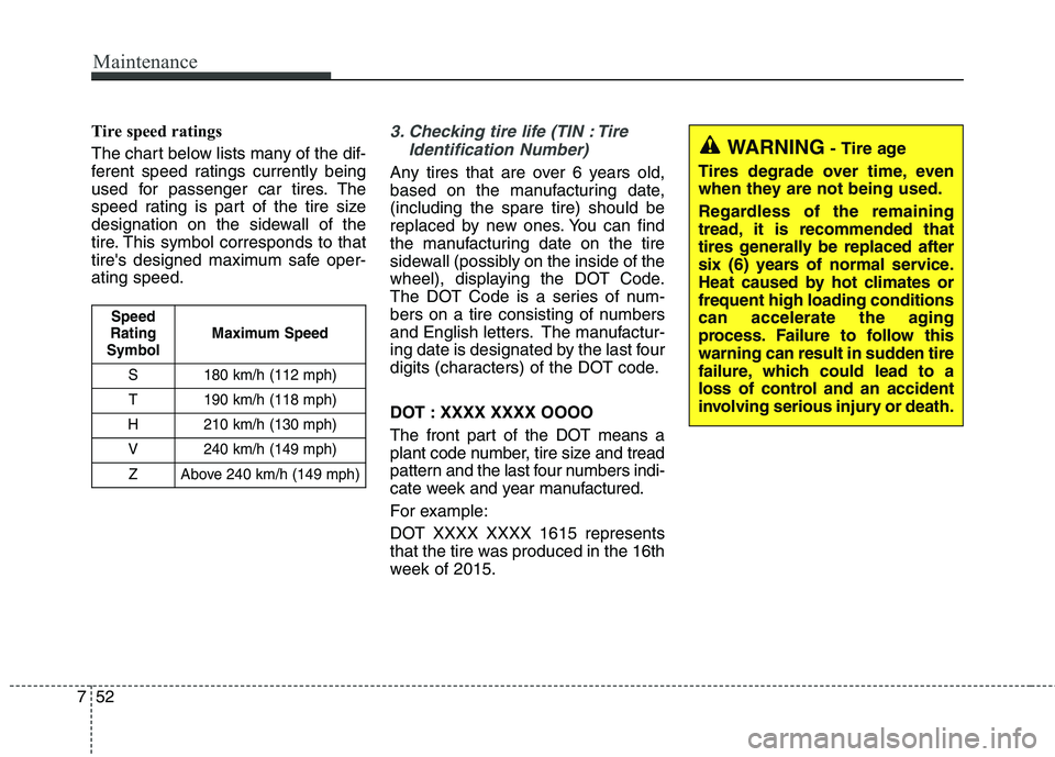 KIA QUORIS 2017 Workshop Manual Maintenance
52
7
Tire speed ratings
The chart below lists many of the dif-
ferent speed ratings currently being
used for passenger car tires. The
speed rating is part of the tire size
designation KIA QUORIS 2017 Workshop Manual Maintenance
52
7
Tire speed ratings
The chart below lists many of the dif-
ferent speed ratings currently being
used for passenger car tires. The
speed rating is part of the tire size
designation