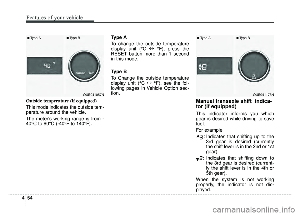 KIA RIO HATCHBACK 2017  Owners Manual Features of your vehicle
54
4
Outside temperature (if equipped)
This mode indicates the outside tem-
perature around the vehicle.
The meters working range is from -
40°C to 60°C (-40°F to 140°F).