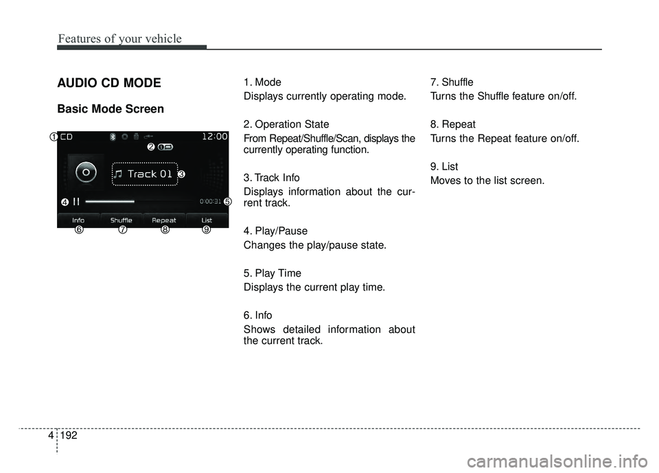 KIA RIO HATCHBACK 2017  Owners Manual Features of your vehicle
192
4
AUDIO CD MODE
Basic Mode Screen
1. Mode
Displays currently operating mode.
2. Operation State
From Repeat/Shuffle/Scan, displays the
currently operating function.
3. Tra