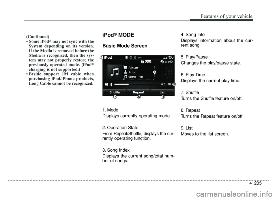 KIA RIO HATCHBACK 2017 Owners Manual 4205
Features of your vehicle
iPod®MODE
Basic Mode Screen
1. Mode
Displays currently operating mode.
2. Operation State
From Repeat/Shuffle, displays the cur-
rently operating function.
3. Song Index KIA RIO HATCHBACK 2017 Owners Manual 4205
Features of your vehicle
iPod®MODE
Basic Mode Screen
1. Mode
Displays currently operating mode.
2. Operation State
From Repeat/Shuffle, displays the cur-
rently operating function.
3. Song Index