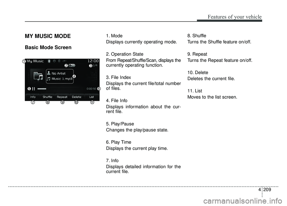 KIA RIO HATCHBACK 2017 Owners Manual 4209
Features of your vehicle
MY MUSIC MODE
Basic Mode Screen
1. Mode
Displays currently operating mode.
2. Operation State
From Repeat/Shuffle/Scan, displays the
currently operating function.
3. File KIA RIO HATCHBACK 2017 Owners Manual 4209
Features of your vehicle
MY MUSIC MODE
Basic Mode Screen
1. Mode
Displays currently operating mode.
2. Operation State
From Repeat/Shuffle/Scan, displays the
currently operating function.
3. File