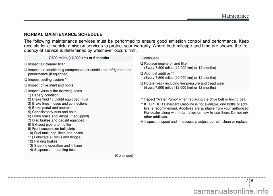 KIA RIO HATCHBACK 2017 Owners Manual 79
Maintenance
NORMAL MAINTENANCE SCHEDULE
The following maintenance services must be performed to ensure good emission control and performance. Keep
receipts for all vehicle emission services to prot KIA RIO HATCHBACK 2017 Owners Manual 79
Maintenance
NORMAL MAINTENANCE SCHEDULE
The following maintenance services must be performed to ensure good emission control and performance. Keep
receipts for all vehicle emission services to prot