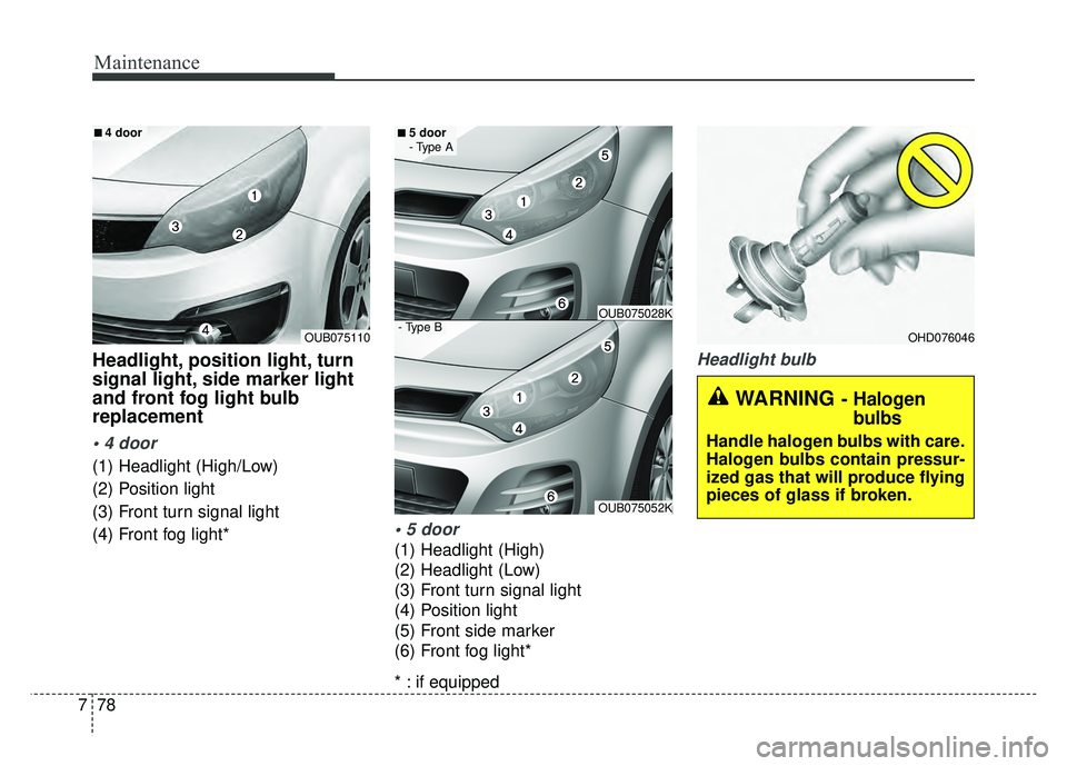 KIA RIO HATCHBACK 2017 Owners Manual Maintenance
78
7
Headlight, position light, turn
signal light, side marker light
and front fog light bulb
replacement
(1) Headlight (High/Low)
(2) Position light
(3) Front turn signal light
(4) Front KIA RIO HATCHBACK 2017 Owners Manual Maintenance
78
7
Headlight, position light, turn
signal light, side marker light
and front fog light bulb
replacement
(1) Headlight (High/Low)
(2) Position light
(3) Front turn signal light
(4) Front
