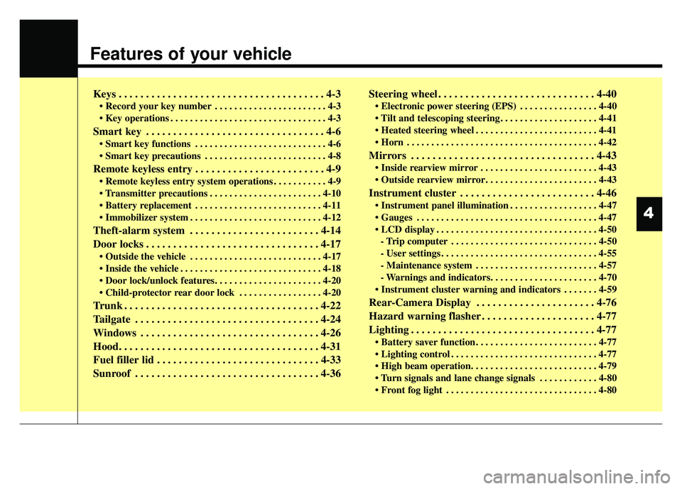 KIA RIO HATCHBACK 2017  Owners Manual Features of your vehicle
Keys . . . . . . . . . . . . . . . . . . . . . . . . . . . . . . . . . . . . \
. . 4-3
• Record your key number . . . . . . . . . . . . . . . . . . . . . . . 4-3
 . . . . . 