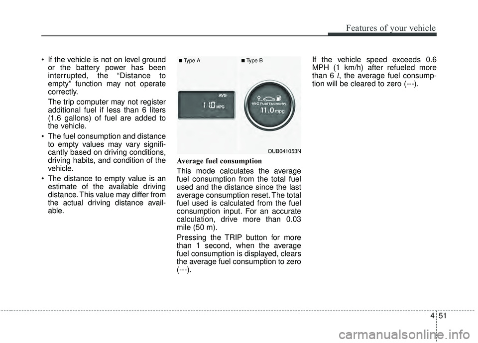 KIA RIO HATCHBACK 2015  Owners Manual 451
Features of your vehicle
 If the vehicle is not on level groundor the battery power has been
interrupted, the “Distance to
empty” function may not operate
correctly.
The trip computer may not 