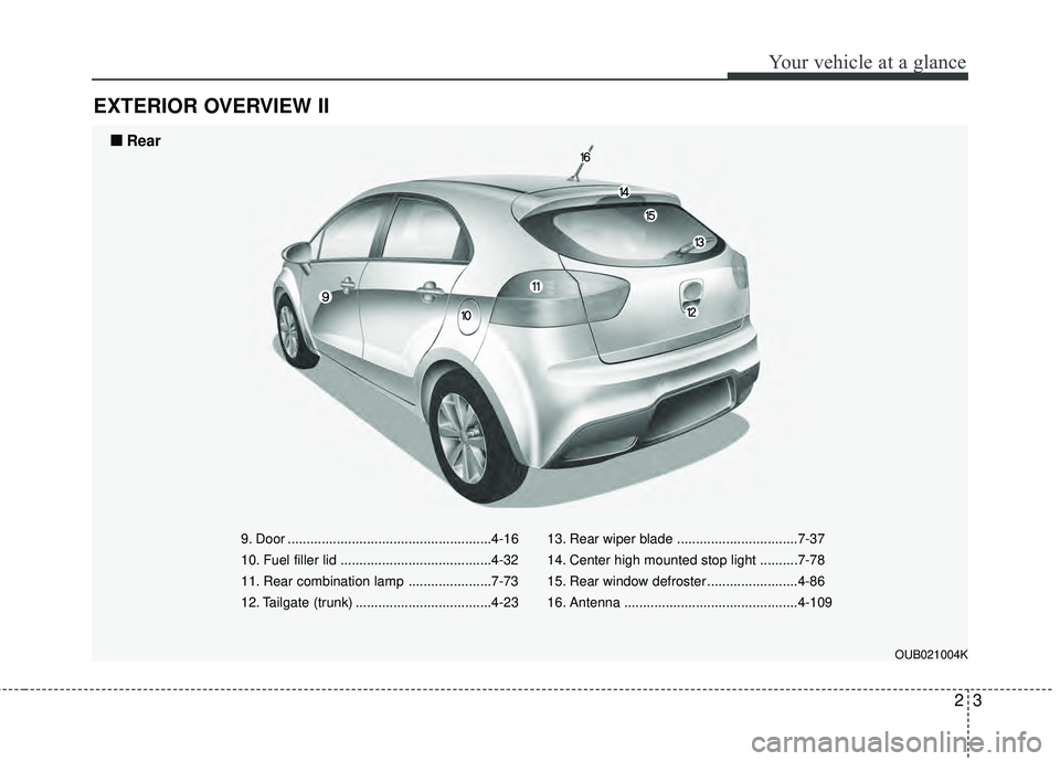 KIA RIO HATCHBACK 2015 User Guide 23
Your vehicle at a glance
EXTERIOR OVERVIEW II
9. Door ......................................................4-16
10. Fuel filler lid ........................................4-32
11. Rear combinatio KIA RIO HATCHBACK 2015 User Guide 23
Your vehicle at a glance
EXTERIOR OVERVIEW II
9. Door ......................................................4-16
10. Fuel filler lid ........................................4-32
11. Rear combinatio