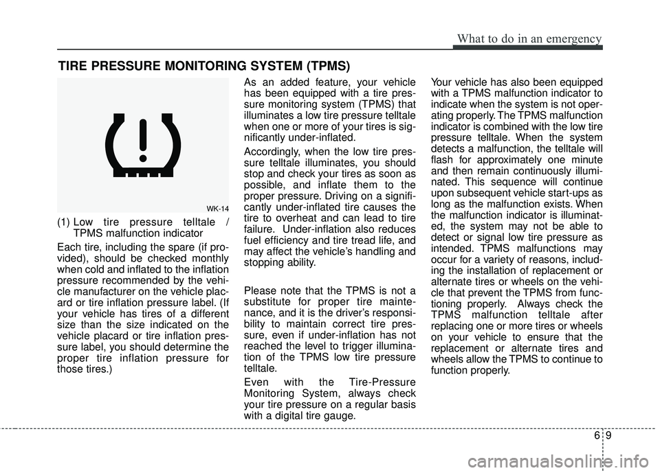 KIA RIO HATCHBACK 2015  Owners Manual 69
What to do in an emergency
TIRE PRESSURE MONITORING SYSTEM (TPMS)
(1) Low tire pressure telltale / 
TPMS malfunction indicator
Each tire, including the spare (if pro-
vided), should be checked mont