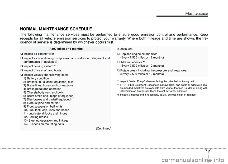 KIA RIO HATCHBACK 2015  Owners Manual 79
Maintenance
NORMAL MAINTENANCE SCHEDULE
The following maintenance services must be performed to ensure good emission control and performance. Keep
receipts for all vehicle emission services to prot