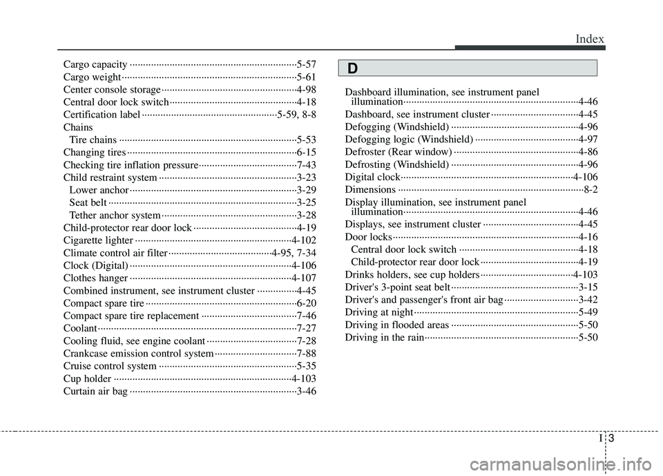 KIA RIO HATCHBACK 2015 Owners Manual I3
Index
Cargo capacity ··················\
··················\
··················\
·········5-57
Cargo weight ············· KIA RIO HATCHBACK 2015 Owners Manual I3
Index
Cargo capacity ··················\
··················\
··················\
·········5-57
Cargo weight ·············