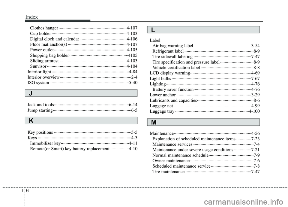 KIA RIO HATCHBACK 2015  Owners Manual Index
6I
Clothes hanger ··················\
··················\
··················\
·····4-107
Cup holder ·················