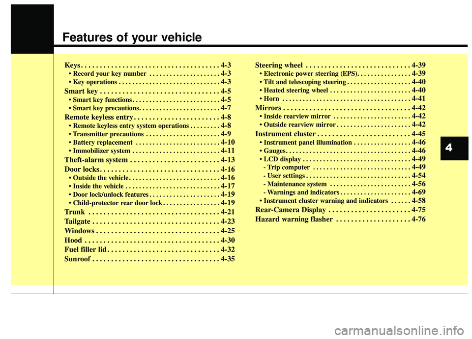 KIA RIO HATCHBACK 2015  Owners Manual Features of your vehicle
Keys . . . . . . . . . . . . . . . . . . . . . . . . . . . . . . . . . . . . \
. 4-3
• Record your key number . . . . . . . . . . . . . . . . . . . . . 4-3
 . . . . . . . . 