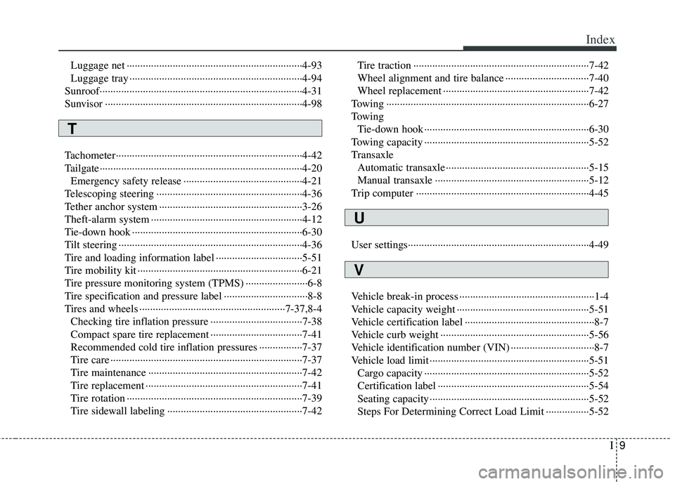 KIA RIO HATCHBACK 2013 User Guide I9
Index
Luggage net ··················\
··················\
··················\
···········4-93
Luggage tray ············ KIA RIO HATCHBACK 2013 User Guide I9
Index
Luggage net ··················\
··················\
··················\
···········4-93
Luggage tray ············