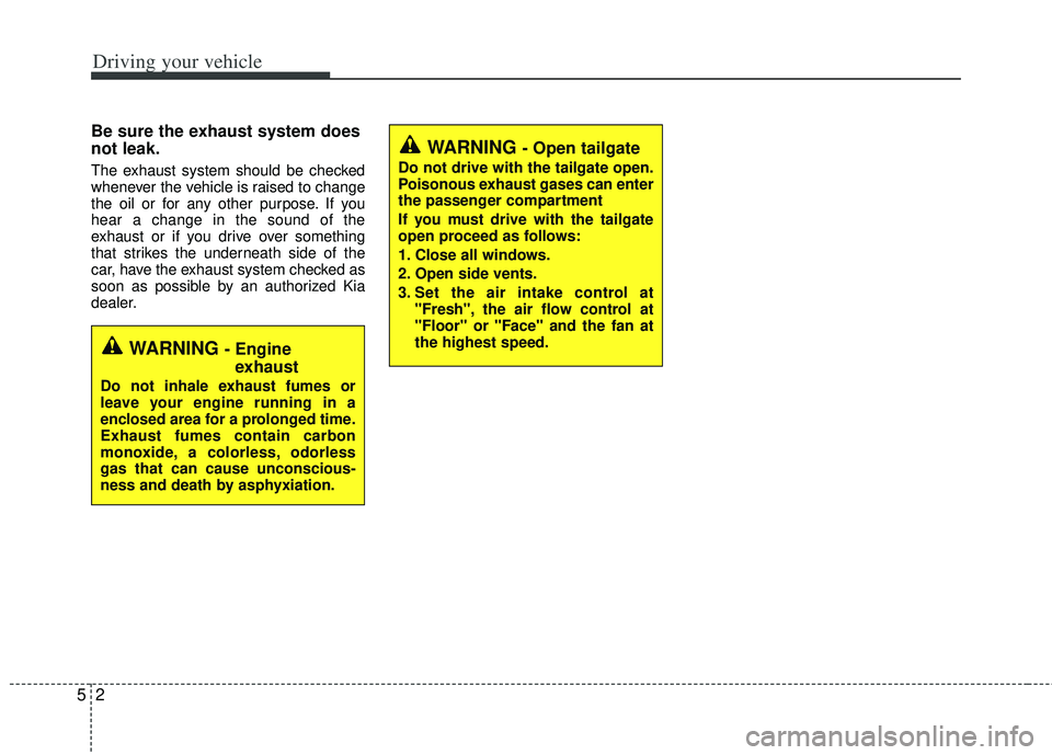 KIA RIO HATCHBACK 2013  Owners Manual Driving your vehicle
25
Be sure the exhaust system does
not leak.
The exhaust system should be checked
whenever the vehicle is raised to change
the oil or for any other purpose. If you
hear a change i