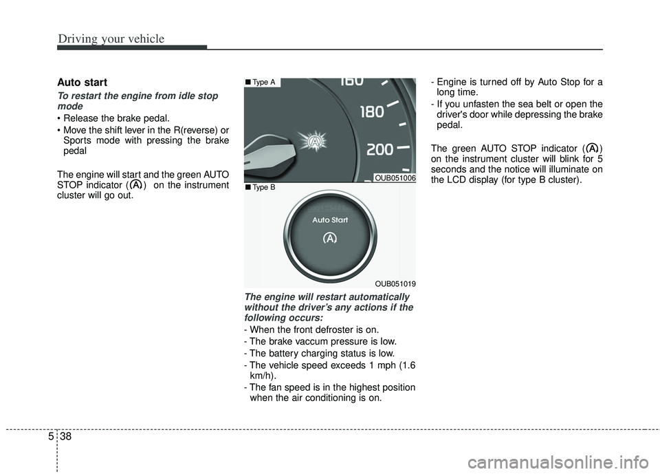 KIA RIO HATCHBACK 2013  Owners Manual Driving your vehicle
38
5
Auto start
To restart the engine from idle stop
mode

 Sports mode with pressing the brake
pedal
The engine will start and the green AUTO
STOP indicator ( )  on the instrumen