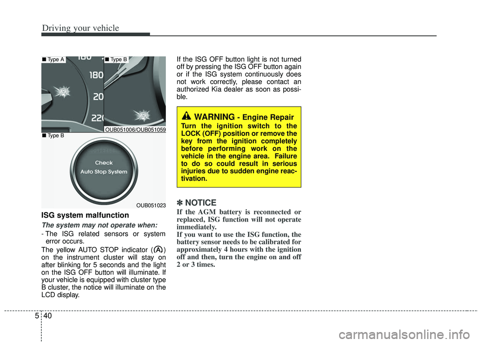 KIA RIO HATCHBACK 2013  Owners Manual Driving your vehicle
40
5
ISG system malfunction
The system may not operate when:
- The ISG related sensors or system
error occurs.
The yellow AUTO STOP indicator ( )
on the instrument cluster will st
