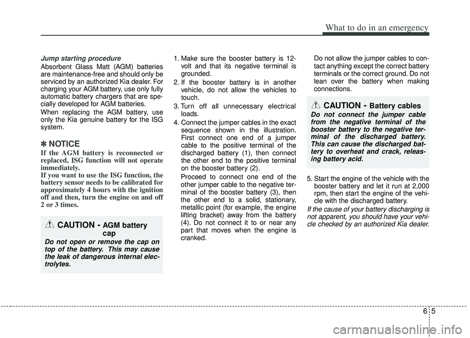 KIA RIO HATCHBACK 2013 Owners Manual 65
What to do in an emergency
Jump starting procedure
Absorbent Glass Matt (AGM) batteries
are maintenance-free and should only be
serviced by an authorized Kia dealer. For
charging your AGM battery, KIA RIO HATCHBACK 2013 Owners Manual 65
What to do in an emergency
Jump starting procedure
Absorbent Glass Matt (AGM) batteries
are maintenance-free and should only be
serviced by an authorized Kia dealer. For
charging your AGM battery,