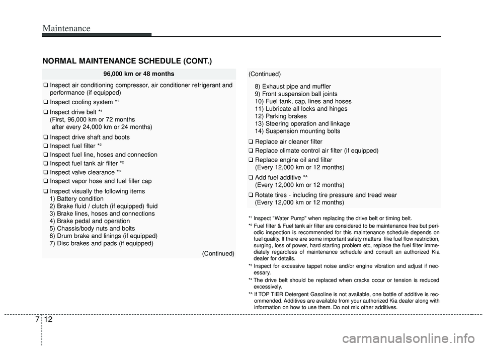 KIA RIO HATCHBACK 2013  Owners Manual Maintenance
12
7
NORMAL MAINTENANCE SCHEDULE (CONT.)
*1lnspect "Water Pump" when replacing the drive belt or timing belt.
*2Fuel filter & Fuel tank air filter are considered to be maintenance free\
 b