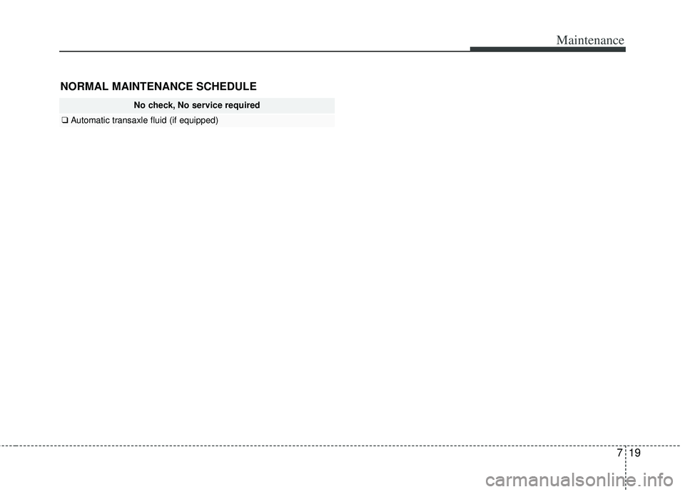 KIA RIO HATCHBACK 2013  Owners Manual 719
Maintenance
NORMAL MAINTENANCE SCHEDULE
No check, No service required
❑Automatic transaxle fluid (if equipped) 