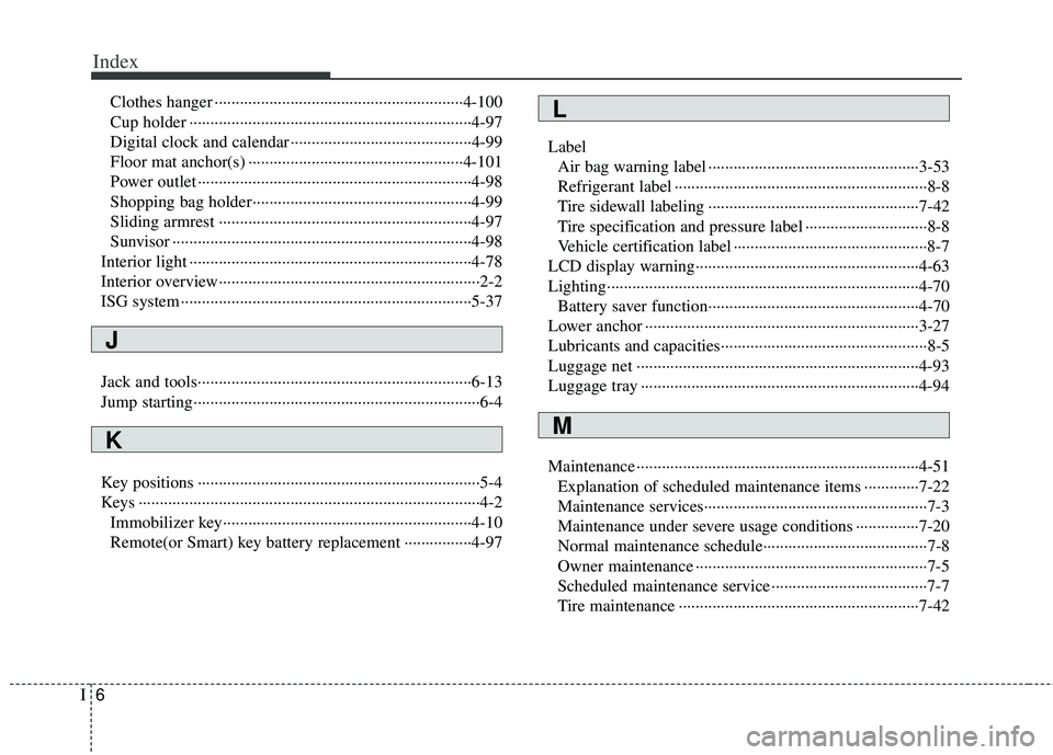 KIA RIO HATCHBACK 2013  Owners Manual Index
6I
Clothes hanger ··················\
··················\
··················\
·····4-100
Cup holder ·················�