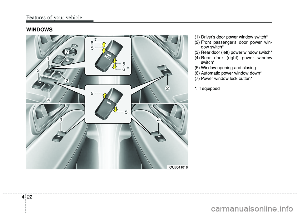 KIA RIO HATCHBACK 2013 Owners Manual Features of your vehicle
22
4
(1) Driver’s door power window switch*
(2) Front passenger’s door power win-
dow switch*
(3) Rear door (left) power window switch*
(4) Rear door (right) power window KIA RIO HATCHBACK 2013 Owners Manual Features of your vehicle
22
4
(1) Driver’s door power window switch*
(2) Front passenger’s door power win-
dow switch*
(3) Rear door (left) power window switch*
(4) Rear door (right) power window