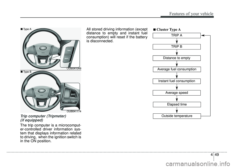 KIA RIO HATCHBACK 2014 Owners Manual 449
Features of your vehicle
Trip computer (Tripmeter) (if equipped)
The trip computer is a microcomput-
er-controlled driver information sys-
tem that displays information related
to driving, when t KIA RIO HATCHBACK 2014 Owners Manual 449
Features of your vehicle
Trip computer (Tripmeter) (if equipped)
The trip computer is a microcomput-
er-controlled driver information sys-
tem that displays information related
to driving, when t