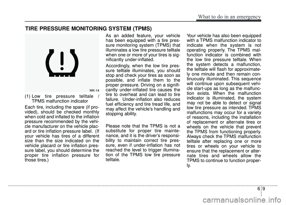 KIA RIO HATCHBACK 2014  Owners Manual 69
What to do in an emergency
TIRE PRESSURE MONITORING SYSTEM (TPMS)
(1) Low tire pressure telltale / 
TPMS malfunction indicator
Each tire, including the spare (if pro-
vided), should be checked mont