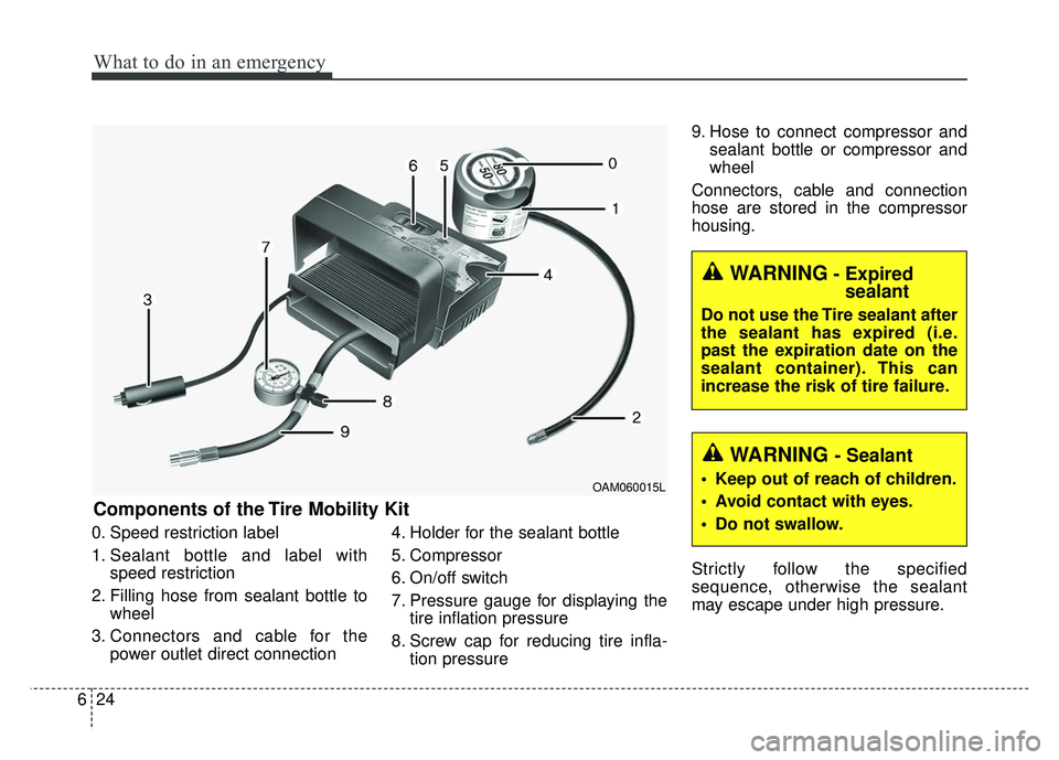 KIA RIO HATCHBACK 2014 Owners Manual What to do in an emergency
24
6
0. Speed restriction label
1. Sealant bottle and label with
speed restriction
2. Filling hose from sealant bottle to wheel
3. Connectors and cable for the power outlet KIA RIO HATCHBACK 2014 Owners Manual What to do in an emergency
24
6
0. Speed restriction label
1. Sealant bottle and label with
speed restriction
2. Filling hose from sealant bottle to wheel
3. Connectors and cable for the power outlet