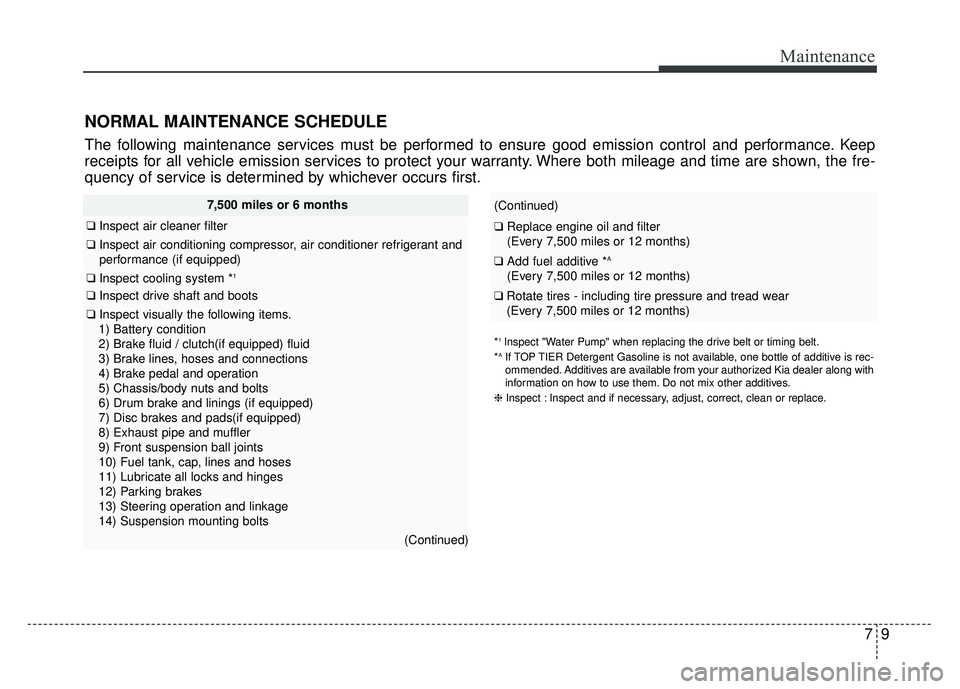 KIA RIO HATCHBACK 2014  Owners Manual 79
Maintenance
NORMAL MAINTENANCE SCHEDULE
The following maintenance services must be performed to ensure good emission control and performance. Keep
receipts for all vehicle emission services to prot