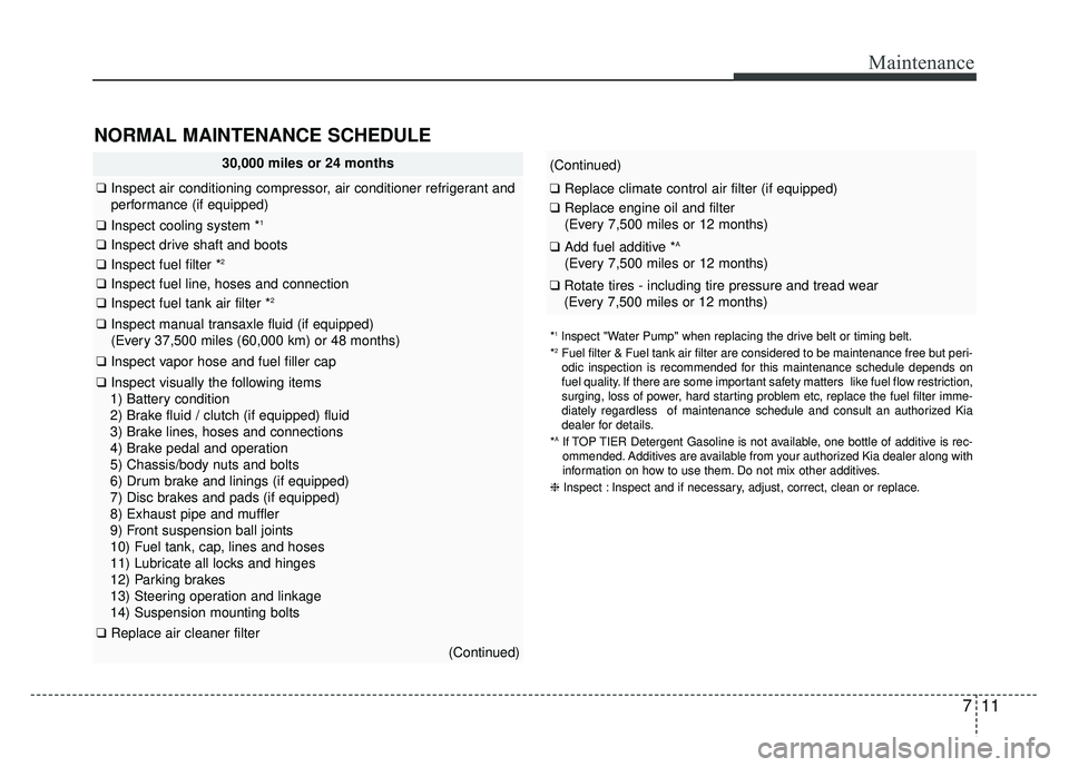 KIA RIO HATCHBACK 2014 Owners Manual 711
Maintenance
NORMAL MAINTENANCE SCHEDULE
30,000 miles or 24 months
❑Inspect air conditioning compressor, air conditioner refrigerant and
performance (if equipped)
❑ Inspect cooling system *1
KIA RIO HATCHBACK 2014 Owners Manual 711
Maintenance
NORMAL MAINTENANCE SCHEDULE
30,000 miles or 24 months
❑Inspect air conditioning compressor, air conditioner refrigerant and
performance (if equipped)
❑ Inspect cooling system *1