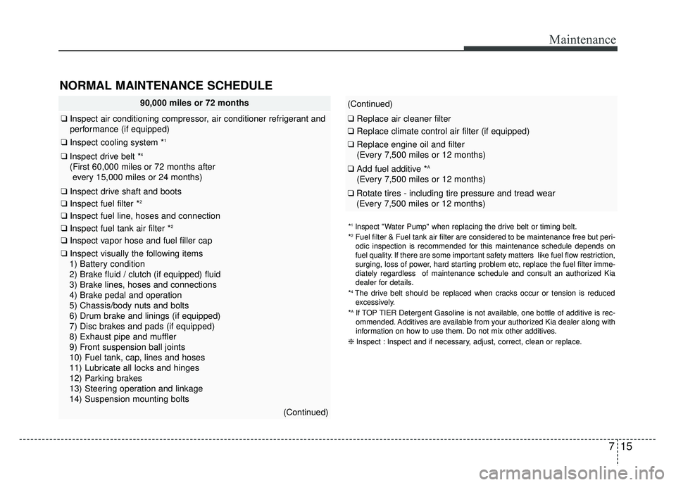 KIA RIO HATCHBACK 2014 Owners Manual 715
Maintenance
*1lnspect "Water Pump" when replacing the drive belt or timing belt.
*2Fuel filter & Fuel tank air filter are considered to be maintenance free\
but peri-
odic inspection is recommend KIA RIO HATCHBACK 2014 Owners Manual 715
Maintenance
*1lnspect "Water Pump" when replacing the drive belt or timing belt.
*2Fuel filter & Fuel tank air filter are considered to be maintenance free\
but peri-
odic inspection is recommend