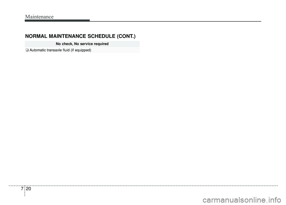 KIA RIO HATCHBACK 2014 Owners Manual Maintenance
20
7
NORMAL MAINTENANCE SCHEDULE (CONT.)
No check, No service required
❑ Automatic transaxle fluid (if equipped) KIA RIO HATCHBACK 2014 Owners Manual Maintenance
20
7
NORMAL MAINTENANCE SCHEDULE (CONT.)
No check, No service required
❑ Automatic transaxle fluid (if equipped)
