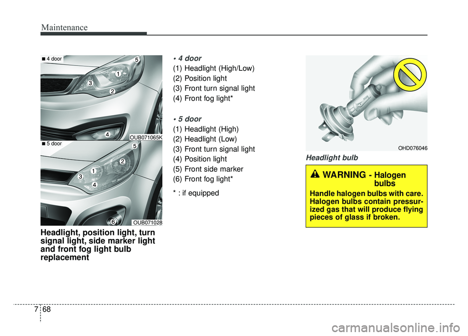 KIA RIO HATCHBACK 2014 Owners Manual Maintenance
68
7
Headlight, position light, turn
signal light, side marker light
and front fog light bulb
replacement
(1) Headlight (High/Low)
(2) Position light
(3) Front turn signal light
(4) Front KIA RIO HATCHBACK 2014 Owners Manual Maintenance
68
7
Headlight, position light, turn
signal light, side marker light
and front fog light bulb
replacement
(1) Headlight (High/Low)
(2) Position light
(3) Front turn signal light
(4) Front