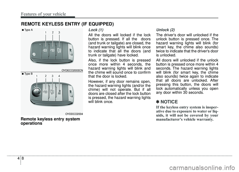 KIA RIO HATCHBACK 2014 Manual PDF Features of your vehicle
84
Remote keyless entry system
operations
Lock (1)
All the doors will locked if the lock
button is pressed. If all the  doors
(and trunk or tailgate) are closed, the
hazard wa
