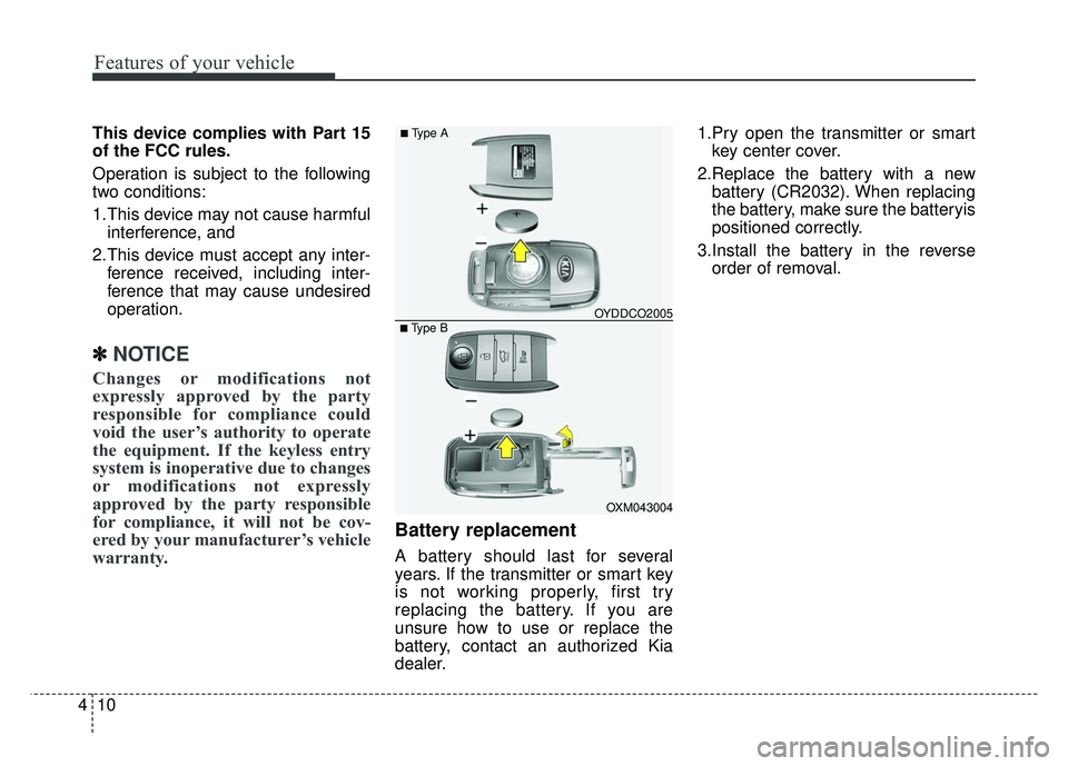 KIA RIO HATCHBACK 2014 Manual Online Features of your vehicle
10
4
This device complies with Part 15
of the FCC rules.
Operation is subject to the following
two conditions:
1.This device may not cause harmful
interference, and 
2.This de