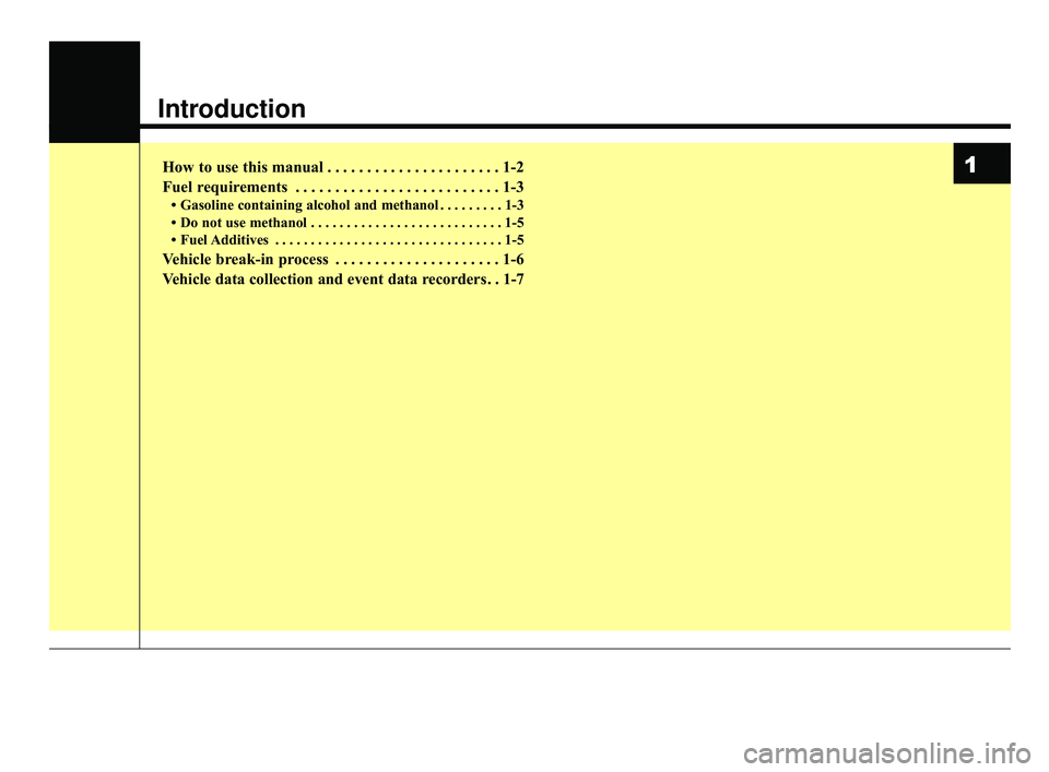 KIA RIO HATCHBACK 2019  Owners Manual Introduction
How to use this manual . . . . . . . . . . . . . . . . . . . . . . 1-2
Fuel requirements . . . . . . . . . . . . . . . . . . . . . . . . . . 1-3
• Gasoline containing alcohol and methan