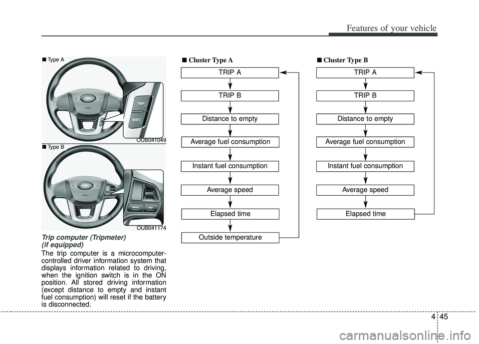 KIA RIO HATCHBACK 2012 Owners Manual 445
Features of your vehicle
Trip computer (Tripmeter) (if equipped)
The trip computer is a microcomputer-
controlled driver information system that
displays information related to driving,
when the i KIA RIO HATCHBACK 2012 Owners Manual 445
Features of your vehicle
Trip computer (Tripmeter) (if equipped)
The trip computer is a microcomputer-
controlled driver information system that
displays information related to driving,
when the i