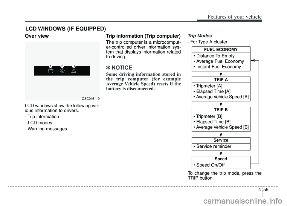 KIA RIO HATCHBACK 2018 Owners Manual 459
Features of your vehicle
Over view
LCD windows show the following var-
ious information to drivers.
- Trip information
- LCD modes
- Warning messages
Trip information (Trip computer)
The trip comp KIA RIO HATCHBACK 2018 Owners Manual 459
Features of your vehicle
Over view
LCD windows show the following var-
ious information to drivers.
- Trip information
- LCD modes
- Warning messages
Trip information (Trip computer)
The trip comp