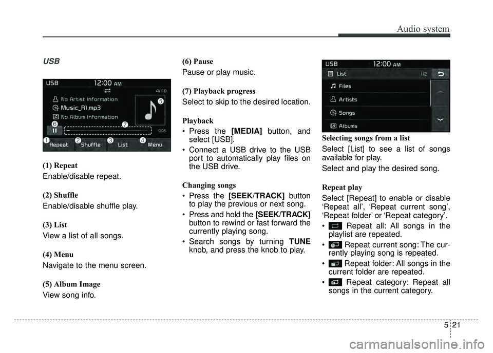 KIA RIO HATCHBACK 2018  Owners Manual Audio system
21
5
USB
(1) Repeat
Enable/disable repeat.
(2) Shuffle
Enable/disable shuffle play.
(3) List
View a list of all songs.
(4) Menu
Navigate to the menu screen.
(5) Album Image
View song info
